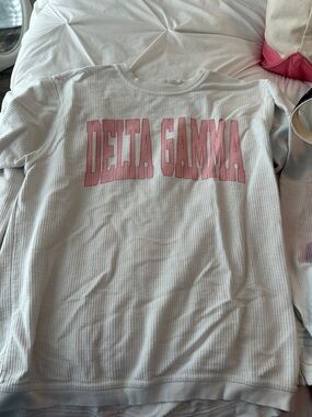 Delta Gamma White Crewneck Sweatshirt with Pink Lettering